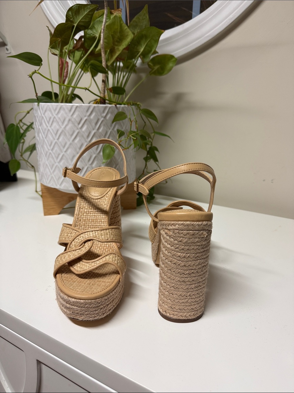 Coach Neutral Tan Braided Platform Block Heel Sandals - Picture 2 of 6